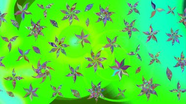 Çok yeşil zarif küçük çiçekler ve yeşil renkli komik böcekler, raster desen, illüstrasyon.