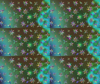 Çok yeşil zarif küçük çiçekler ve yeşil renkli komik böcekler, raster desen, illüstrasyon.