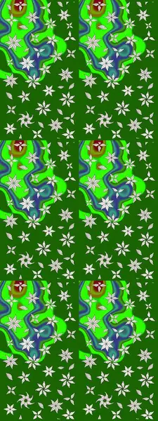 Yapraklı çiçekler ve yeşil ve tarafsız renklerde papatya çiçekleri. Raster - stok. Taslak arkaplan deseni.