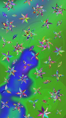 Düz Çiçek Elementleri Tasarımı. Renkli Yaz Temalı eskiz kalıbı. Yeşil renkli çiçekler. Çiçekli retro deseni çiz.