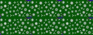 Şirin çiçekli eskiz deseni ve yeşil renkli yapraklar, suluboya çiçek deseni, duvar kağıdı, kart veya kumaş için fayanslı. Raster illüstrasyonu.