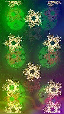 Yeşil, mavi ve kahverengi kar taneleri. Raster illüstrasyonu. Kar tanelerinin soyut arkaplanlı Noel şablonu. Noel ve Yeni Yıl moda baskıları için tatil tasarımı.