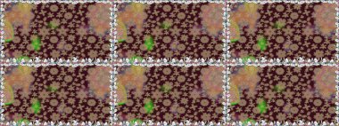 Küçük kahverengi çiçeklerdeki oldukça eski bir besin torbası deseni. Tekstil, kumaş, kapaklar, duvar kağıtları, baskı, naylon, yapıştırma, örgü, dekupaj için çiçeksiz arkaplan.