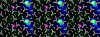 Sihirli siyah, mavi ve yeşil tatil soyut arka plan yıldız ve düşen kar taneleri. Noel siyahı, mavi ve yeşiller. Raster illüstrasyonu.