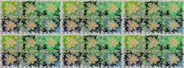 Altın elementlerle yeşil renklerde altın desen. Raster altın pürüzsüz desen. Düz elle çizilmiş klasik koleksiyon. Arkaplan, kumaş, altın duvar kağıdı.