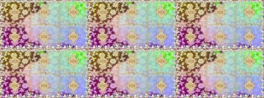 Raster altın desen. Kusursuz altın desenli bukleler. Raster illüstrasyonu. Doğu tarzı arabesk. Altın elementli nötr ve mavi renkler.