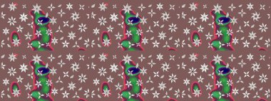 Çiçek desenli çizim. Raster illüstrasyonu. Asya tekstil tarzında. Kahverengi renkli çiçekler. Raster illüstrasyonu.