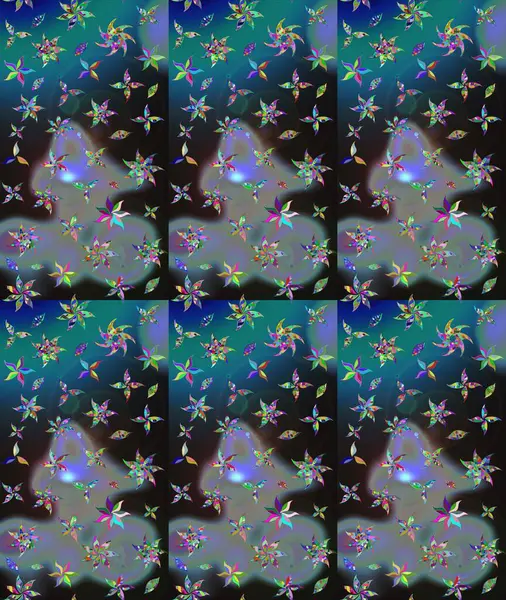 Şirin çiçekli eskiz deseni ve mavi renkli yapraklar, suluboya çiçek deseni, duvar kağıdı, kart veya kumaş için fayanslı. Raster illüstrasyonu.