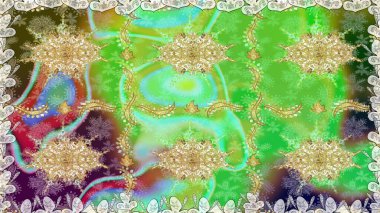 Davetiyeler, kartlar, web sayfası için Raster illüstrasyon. Doğu tarzı element. Yeşil renklerdeki altın element. Çizgi sanatı tasarım şablonu için kusursuz sınır. Altın çizgili çiçek dekoru.