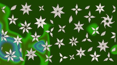 Yeşil renkli çiçekler. Raster illüstrasyonu. Çiçek desenli eskiz, vuruşlar, sıçramalar, yaz çiçekleri..