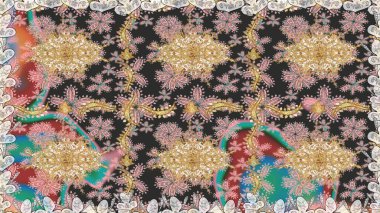 Raster illüstrasyonu. Kusursuz damaske klasik altın desen. Gri renkler ve altın elementler üzerinde altın pürüzsüz desen. Tekrarlayan ögelerle soyut arkaplan Raster.