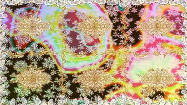 Kusursuz kıvırcık saçlar. Doğulu stil, altın elementlerle altın rengi nötr renkte arabesk yapar. Raster altın desen.