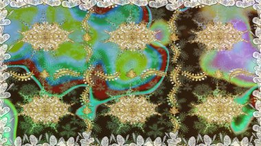 Çiçek kiremitleri. Raster altın tekstil baskısı. Altın elementlerle yeşil renklerde altın desen. İslam tasarımı. Kusursuz desenli oryantal süs.