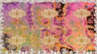 Raster altın tekstil baskısı. Kusursuz desenli oryantal süs. Çiçek kiremitleri. İslam tasarımı. Altın elementlerle bej renklerde altın desen.