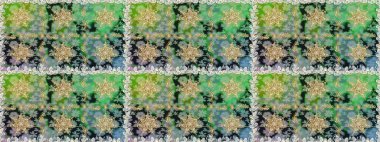 Altın elementlerle yeşil renklerde altın desen. Raster altın pürüzsüz desen. Düz elle çizilmiş klasik koleksiyon. Arkaplan, kumaş, altın duvar kağıdı.