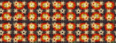 Gri, kırmızı ve turuncu kar taneleri. Raster illüstrasyonu. Kar tanelerinin soyut arkaplanı olan şirin bir Noel arkaplanı. Renkler. Noel ve Yeni Yıl moda baskıları için tatil tasarımı.