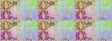 Raster altın desen. Kusursuz altın desenli bukleler. Raster illüstrasyonu. Doğu tarzı arabesk. Altın elementli nötr ve mavi renkler.