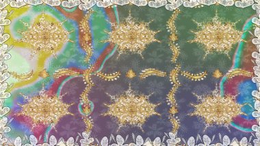 Doğu tarzı arabesk. Hassas altın deseni açın. Tarafsız renklerde, altın elementlerle kusursuz desen. Kusursuz altın desenli bukleler. Parlak dantel, stilize çiçekler, şal desenli. Raster..