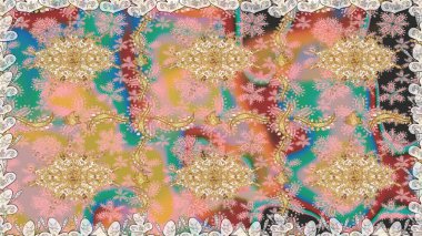 Arkaplan, kumaş, altın duvar kağıdı. Raster altın pürüzsüz desen. Düz elle çizilmiş klasik koleksiyon. Altın elementlerle bej renklerde altın desen.