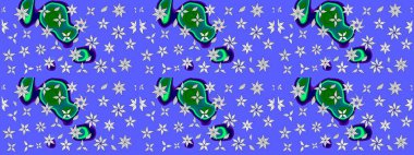 Hediye ambalaj kağıdı, tebrik kartları, posterler ve pankart tasarımı. Mavi renkli çiçekler. Raster düz çiçek çizim deseni.