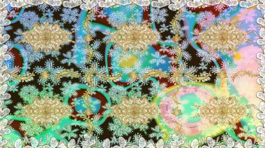 Barok tarzında altın çiçekli süs. Damask arkaplanı. Altın çiçekli, pürüzsüz desen. Tarafsız renklerdeki altın element.