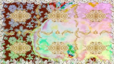 Kusursuz kıvırcık saçlar. Raster altın desen. Doğulu stil, altın elementlerle altın deseni nötr renklerle donatır..