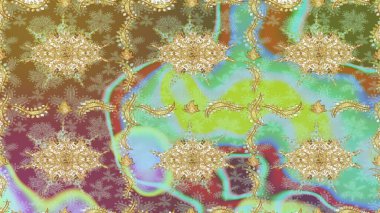 Tarafsız renklerde desen. Kına dövmeli süs çiçekleri, altın çıkartmalar, mehndi ve yoga tasarımı, kartlar ve parmak izleri. Raster altın mehndi kusursuz desen.