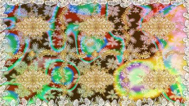 El yapımı dekoratif çerçeve, albüm kapağı, tebrik kartı, klasik Art deco tarzı. Raster soyut çiçek çelengi altın karalama fantezi yaprakları ve tarafsız renklerde çiçek.