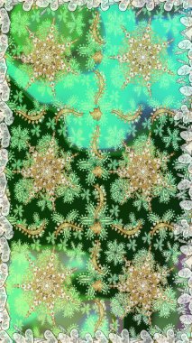 Raster illüstrasyonu. Oriental raster klasik yeşil ve altın desenli. Kusursuz soyut arkaplan.