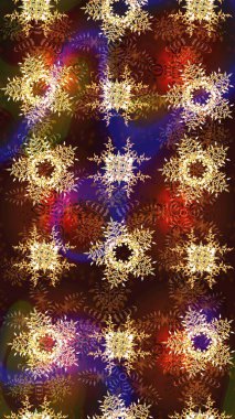 Renkler. Mor, bej ve kahverengi kar taneleri. Kar tanelerinin soyut arkaplanlı Noel şablonu. Noel ve yeni yıl moda baskıları için tatil tasarımı. Raster illüstrasyonu.