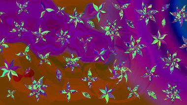 Raster illüstrasyonu. Egzotik çiçekler, mor renklerdeki botanik, parlak klasik doğa. Klasik tropikal doğal elementlerin suluboya seti.