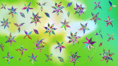 Raster illüstrasyonu. Yumuşak, yeşil renkli bahar çiçekleri. Çiçek ve yapraklı karalama şeklinde Raster çiçek deseni.