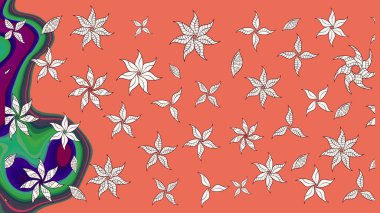 Raster çiçek desenli çiçek deseni, yapraklar, dekoratif elementler, sıçrama, lekeler, el çizimi kontur çizgileri ve Doodle çizim stili, grafik raster çizim çizimi.