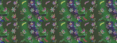 Yeşil, mor ve mavi renkli, parlak çiçekli, soyut, pürüzsüz desen. Çiçeksel elementlerle süslenmiş zarif raster dokusu. Küçük çiçekte şirin bir çiçek deseni var..