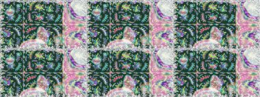 Raster çiçekleri klasik tarzda çizilmiş. Çiçekli, pürüzsüz bir desen. Raster illüstrasyonu. Yumuşak, bahar çiçekleri yeşil ve nötr renklerde.