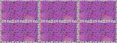 Giysi tasarımı için mor arkaplan ve menekşe üzerine dekorasyon. Renkli kelebeklerin kusursuz arka planı. Raster illüstrasyonu.