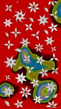 Raster illüstrasyonu. Çiçek desenli çizim. Kırmızı renkte çiçekler. Düz Çiçek Elementleri Tasarımı. Renkli Bahar Teması eskiz kalıbı. Asya tekstil tarzında.