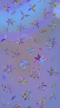 Patlayan çiçekler soyut olarak yerleştirilmiş. Raster deseni. Mor ve mavi renklerde bahar çiçekleri. Raster illüstrasyonu.