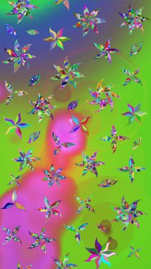 Yeşil ve mor renklerde. Raster illüstrasyonu. Çiçek buketleriyle klasik tarzda eskiz deseni.