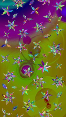 Raster - stok. Yapraklı çiçekler ve yeşil ve kahverengi renkli papatya çiçekleri. Taslak arkaplan deseni.