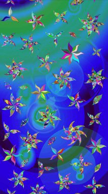 Mavi ve yeşil renklerde. Raster illüstrasyonu. 3D çiçekler, çizim.