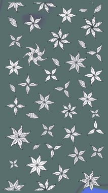 Raster illüstrasyonu. Şirin çiçekli eskiz deseni ve nötr ve gri renklerde yapraklar, suluboya çiçek deseni, duvar kağıdı, kart veya kumaş için fayanslı.