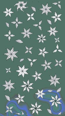 Raster illüstrasyonu. Yeşil ve nötr renklerde çiçekler. Çiçek desenli çizim. Raster illüstrasyonu. Asya tekstil tarzında.