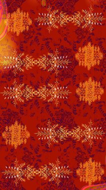 El çizimi çiçek unsurları olan soyut çizim raster deseni. 1950-1960 motifleri. Retro tekstil tasarım koleksiyonu. Çiçekli ipek eşarp. Kırmızı, turuncu ve mor üzerine kırmızı, turuncu, mor.