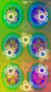 Farklı kar taneleri toplayıcısı, yeşil, mavi ve sarı renklerde kış elementleri. Raster Noel soyut renkli arkaplan ve tatlı kar tanesi.