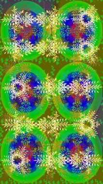 Kar tanelerinin soyut arkaplanlı Noel şablonu. Yeşil, mavi ve sarı kar taneleri. Raster illüstrasyonu. Noel ve Yeni Yıl moda baskıları için tatil tasarımı.