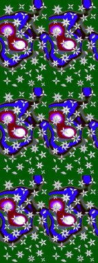 Moda baskıları için zarif bir şablon. Modern çiçek arkaplanı. Parlak renkli çiçekleri ve yeşil ve mavi renkli yaprakları olan harika bir çiçek deseni. Halk stili.