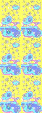 Halk tarzı. Modern çiçek arkaplanı. Parlak renkli çiçekleri ve sarı ve mavi renkli yaprakları olan harika bir çiçek deseni. Moda baskıları için zarif bir şablon.