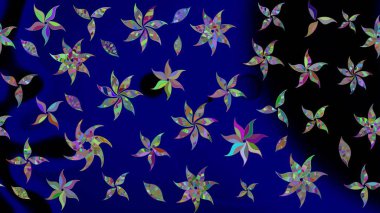 Retro tekstil tasarım koleksiyonu. 1950-1960 motifleri. Mavi maviye. Çiçekli ipek eşarp. El çizimi çiçek elementleri ile soyut çizim raster deseni.