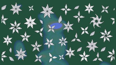 Ağaç dallı bahar çiçekli desen, çiçek siluetiyle yeşil ve mavi renkler. Raster deseni.